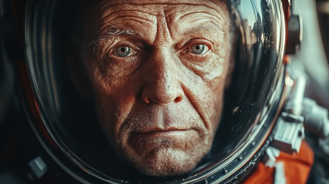  old astronaut . Granddad with vintage space suit. expresive eyes , Fiction concept about space exploration and science