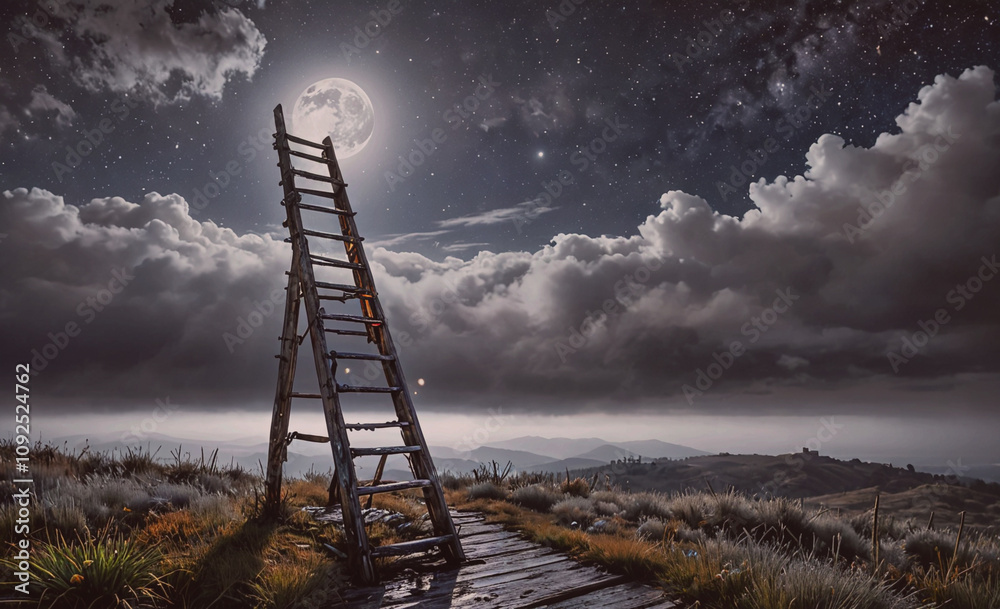 Poster wooden ladder is on a grassy hill. the ladder is leaning against a tree. the sky is cloudy and the m