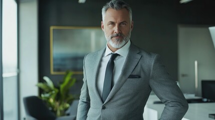 Obraz premium Confident mature businessman in a tailored gray suit standing with arms crossed in a modern office with large windows and stylish decor