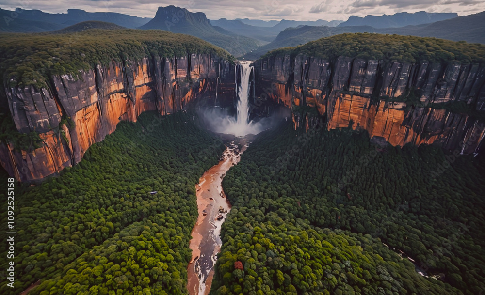 Poster river flows through a valley with a waterfall on the left side. the river is surrounded by trees and