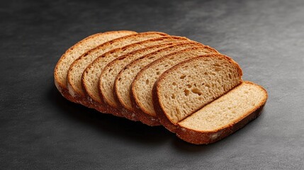Sliced artisanal bread arranged on a dark textured surface, perfect for food photography, culinary blogs, and bakery promotion.