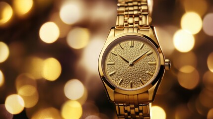 Stylish gold wristwatch with textured dial and bracelet, set against a shimmering bokeh background...