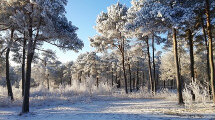 Fototapeta premium Snowy pine forest illuminated by bright winter sunlight against a clear blue sky, highlighting the beauty of frosted fir trees in nature.