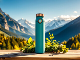 Close-Up of a Reusable Water Bottle with Mountain Views and Morning Sunlight. eco-friendly concept using refillable bottles