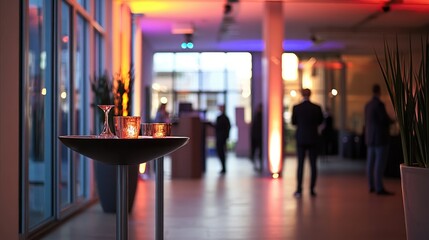 Elegant Corporate Networking Event with Soft Lighting and Stylish Decor in a Modern Venue Setting