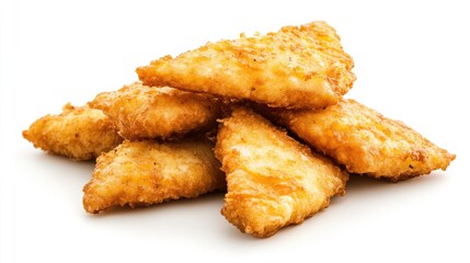 Crispy fried fish slices arranged in a stack, ideal for Thai cuisine, showcasing a golden brown, crunchy texture against a clean white background.