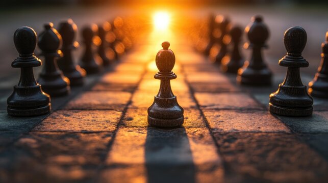 Chessboard at sunset with a central pawn highlighting strategic planning and growth, symbolizing management and resource alignment in business.