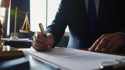 Individual in an office setting applies a stamp to a document contract legal agreement, signifying approval or verification certification permit visa next to an open laptop.
