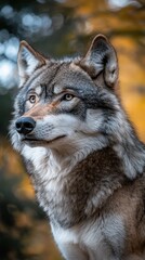 Obraz premium A wolf stands alert, its gaze fixed on the environment. Surrounded by autumn foliage, the wolf showcases its thick fur and keen features, embodying the essence of wildlife in a serene setting.