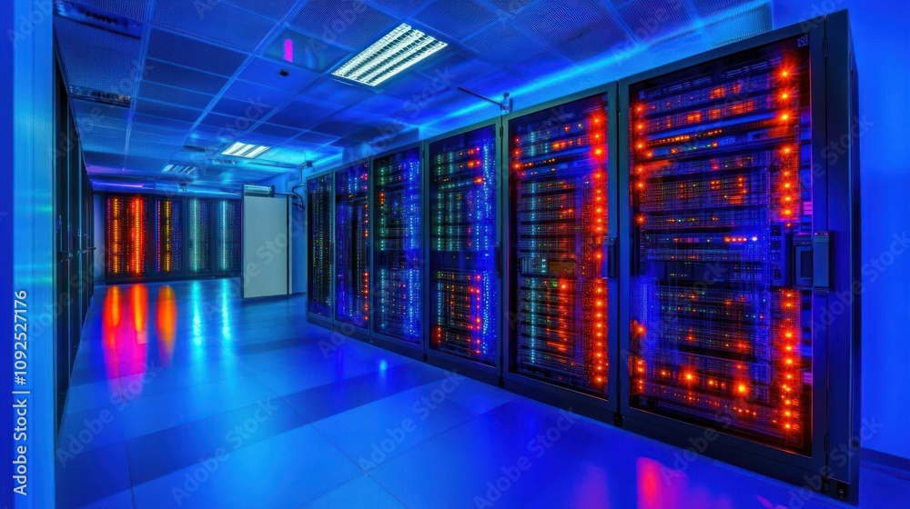 Poster Illuminated Server Room With Rows Of Data Servers