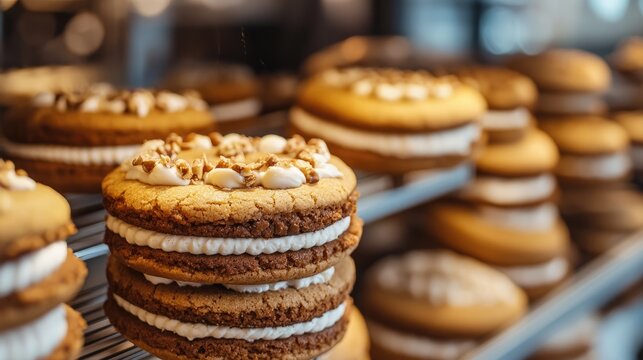 Close-up of delicious hazelnut cookie sandwiches with creamy filling, highlighting a scrumptious bakery treat perfect for breakfast.