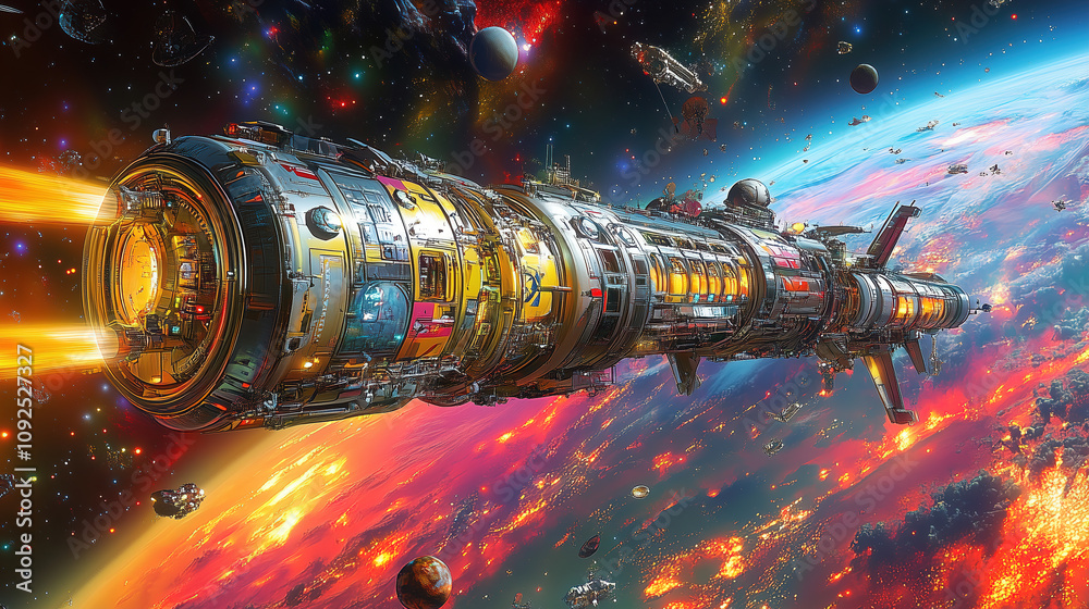 Poster colorful space vessel navigating through a vibrant cosmic landscape filled with planets and stars. g