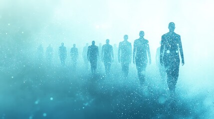 Silhouetted Team Connected by Network Dots on Abstract Background