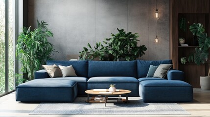 Fototapeta premium Spacious contemporary living room with a plush blue sectional sofa, modern coffee table, and lush decorative plants creating a serene atmosphere.