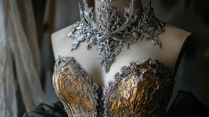 Obraz premium Handmade Gothic dress with intricate golden corset and ornate silver metal tiara, showcasing unique detailing and craftsmanship in costume design.