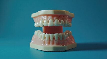 Obraz premium Detailed dental model showcasing open jaws with realistic teeth positioned against a bright blue backdrop for educational purposes.