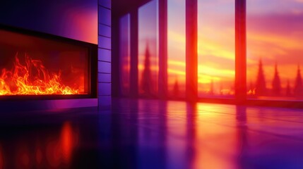 Fototapeta premium Modern luxury living room with a fireplace glowing in vibrant hues, expansive windows showcasing a sunset view, and sleek 8K rendered details.