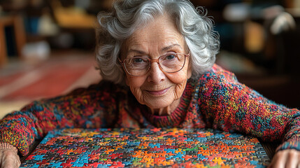 Elderly woman joyfully completing a colorful jigsaw puzzle indoors during a cozy afternoon. Generative AI