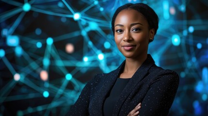 Obraz premium Confident businesswoman smiling with arms crossed, set against a backdrop of vibrant digital network visuals and interconnected nodes.