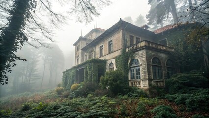 Obraz premium Creepy mansion windows with foggy glasses and overgrown gardens, flickering candles, creepy mansion, foggy glass, haunted house