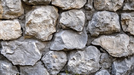 Fototapeta premium Textured gray cement stone wall featuring rough, uneven stones, perfect for creating unique panoramic backgrounds or stylish banners.