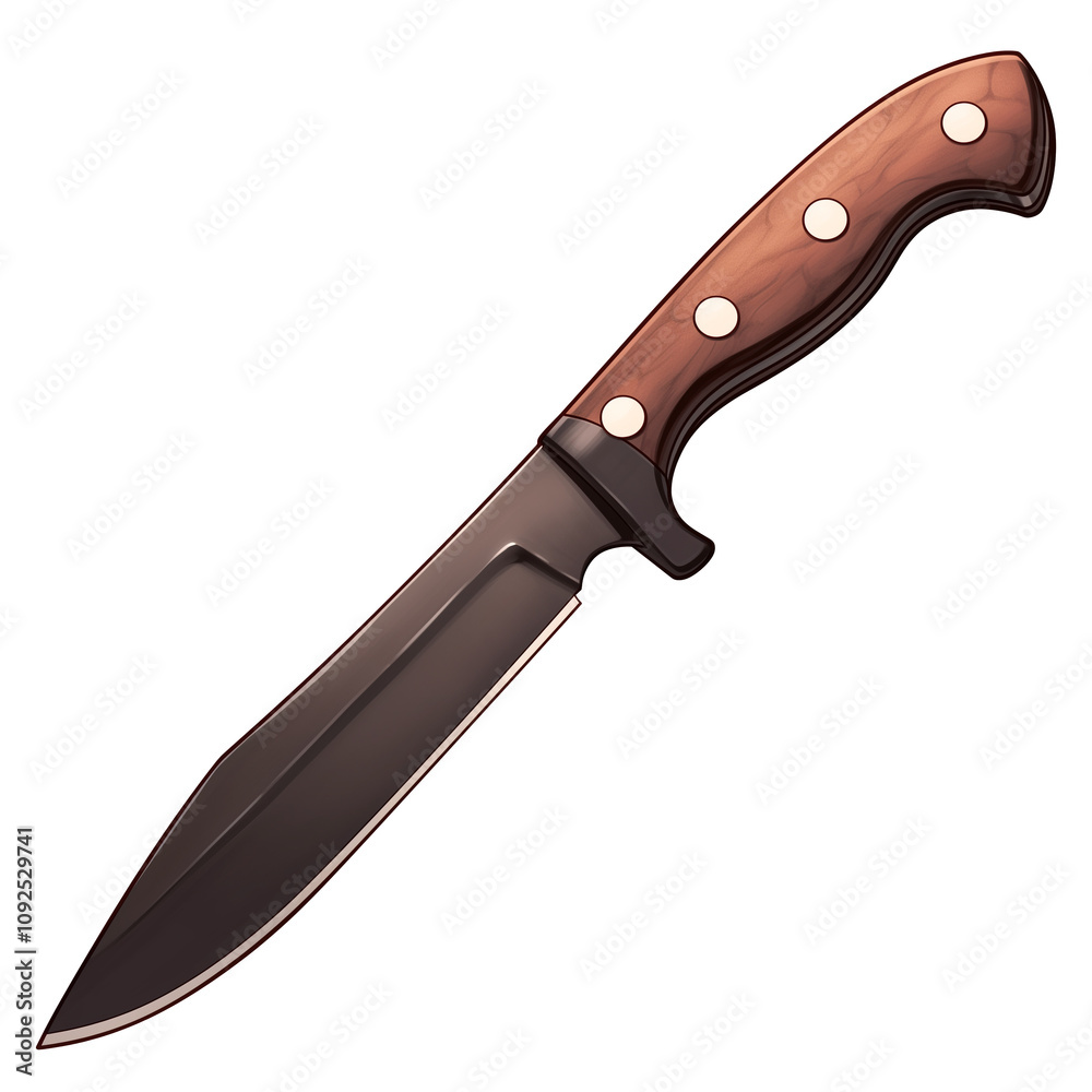 Poster sharp knife with wooden handle and metal rivets isolated on white background, showcasing its sleek d