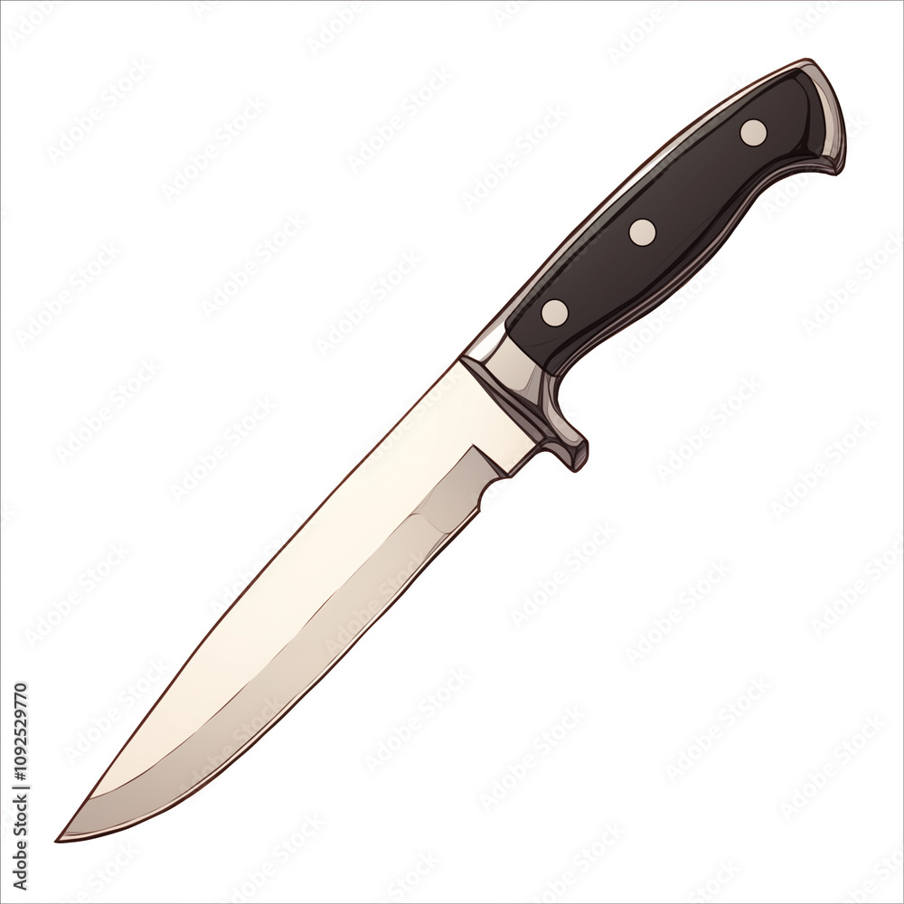 Poster sharp kitchen knife with black handle isolated on white background, showcasing its sleek design and 