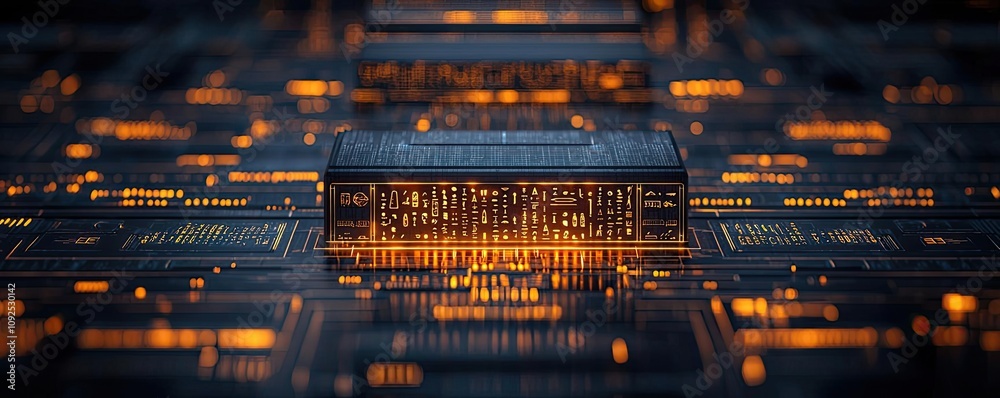 Poster close-up of a digital circuit board with glowing elements, on a dark background.