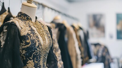 Naklejka premium Fashion student examining intricate details of elegant garments for innovative design inspiration amidst a collection of beautifully crafted outfits.