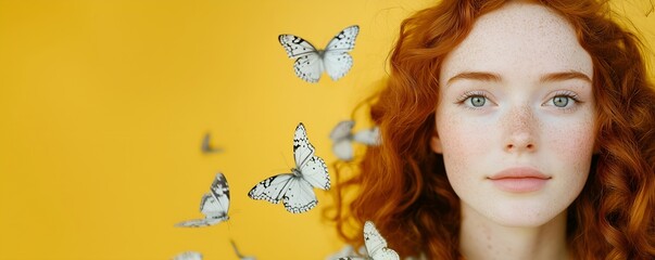 Portrait of sexy woman with light grey eyes and curly red hair, surrounded by bright butterflies, looking at camera, isolated on yellow background