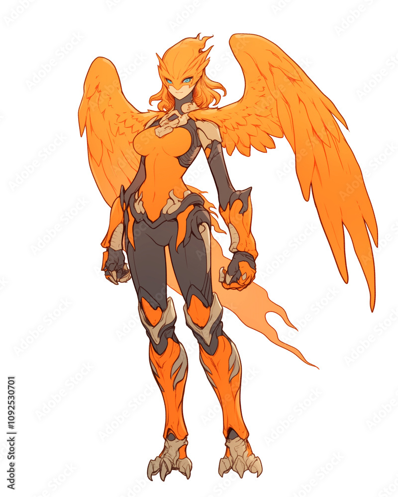 Poster futuristic warrior with fiery orange armor and wings stands confidently, showcasing blend of strength and elegance. character design features intricate details and dynamic pose