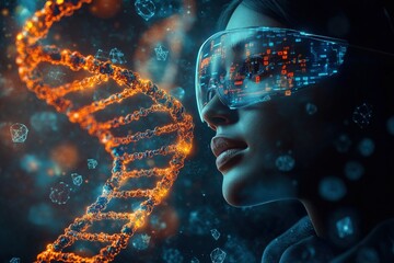 A scientist looks intently at a holographic DNA strand while wearing augmented reality glasses. The lab is illuminated with glowing molecules and data, showcasing innovative technology.