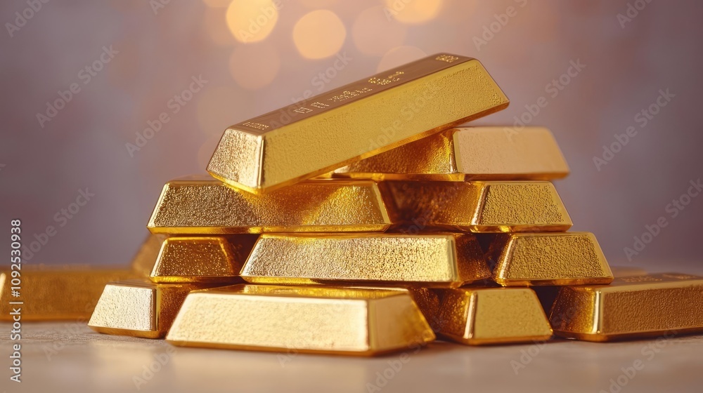 Poster Stack of shiny gold bars on a blurred background with warm bokeh lights.