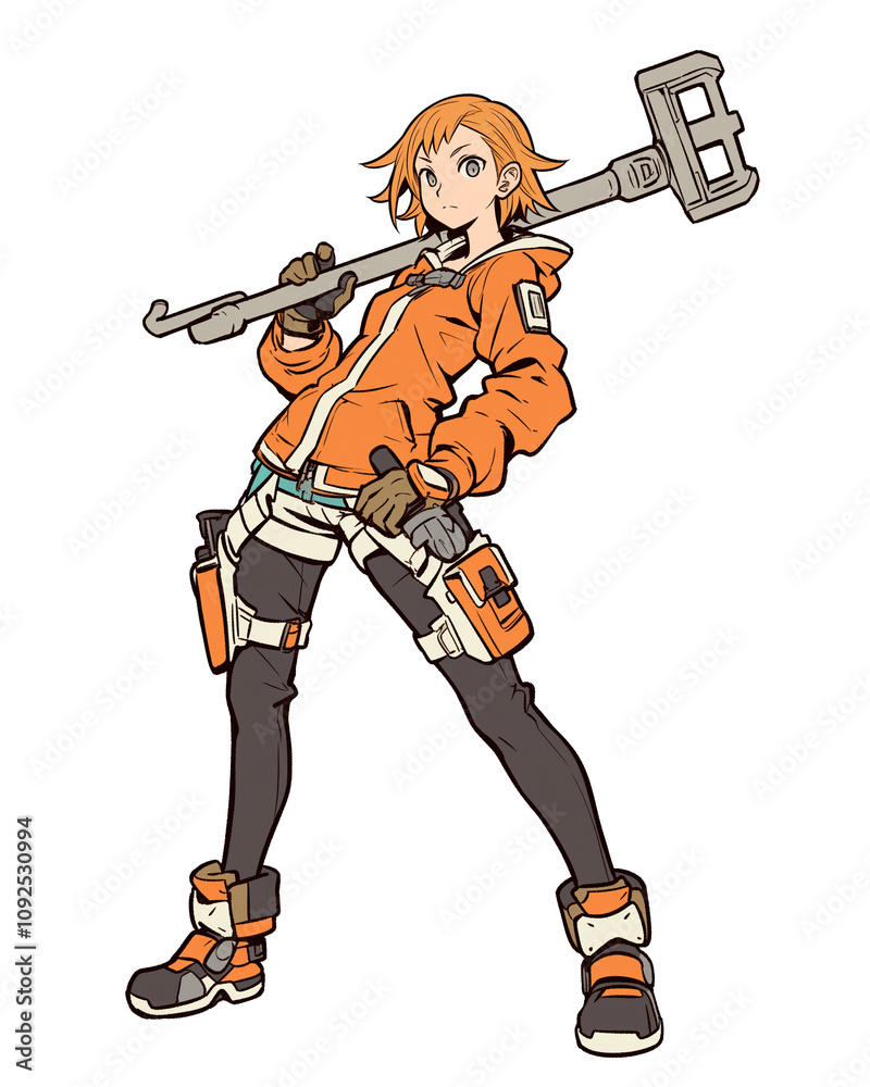 Poster confident character in orange jacket and boots holds large wrench, exuding sense of readiness and de