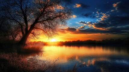Fototapeta premium Vibrant sunset paints the sky with orange hues, reflecting on tranquil waters beneath a silhouette of a tree, creating a dramatic natural scene.