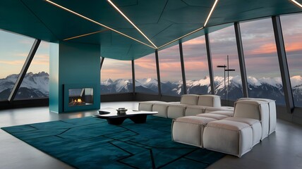 Fototapeta premium Futuristic Mountaintop Villa Sitting Room: Luxurious Design Meets Panoramic Landscape with Dramatic angular ceiling in deep teal with geometric patterns and hidden LED lighting