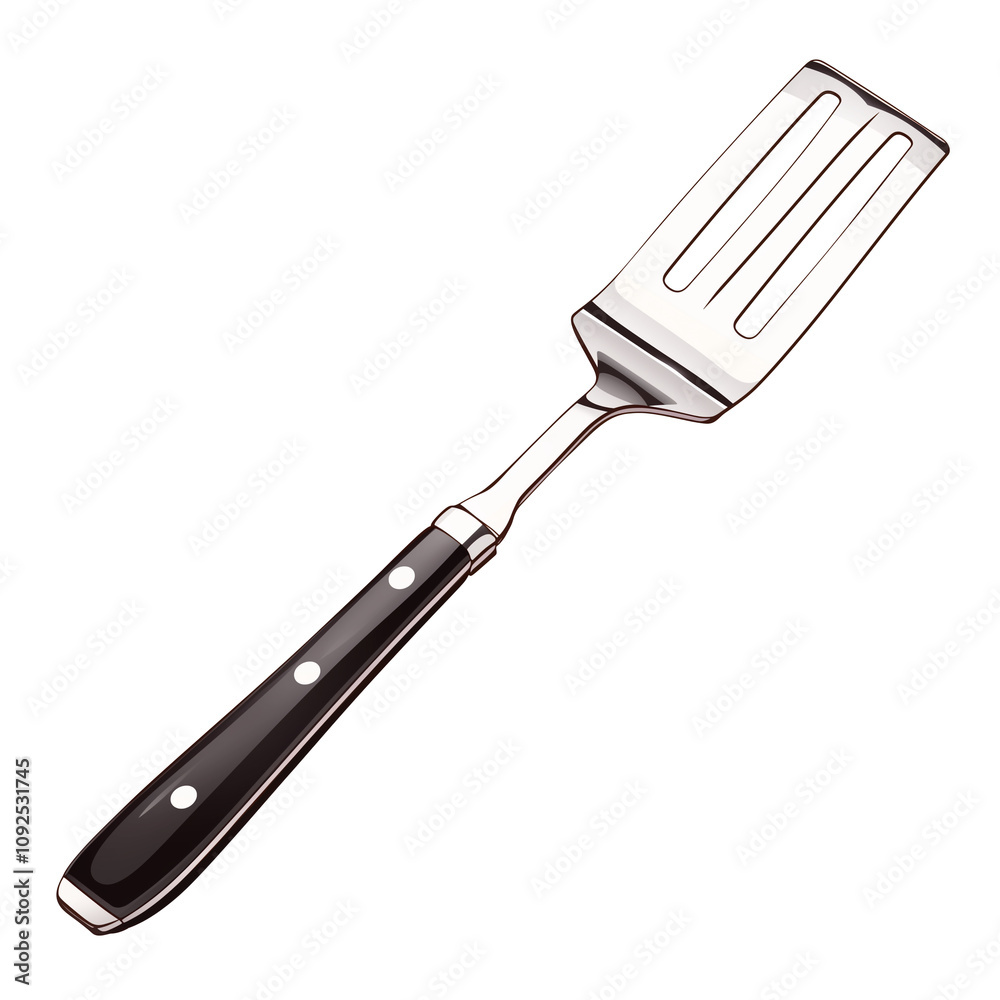 Poster stainless steel slotted spatula with black handle isolated on white background, showcasing its sleek