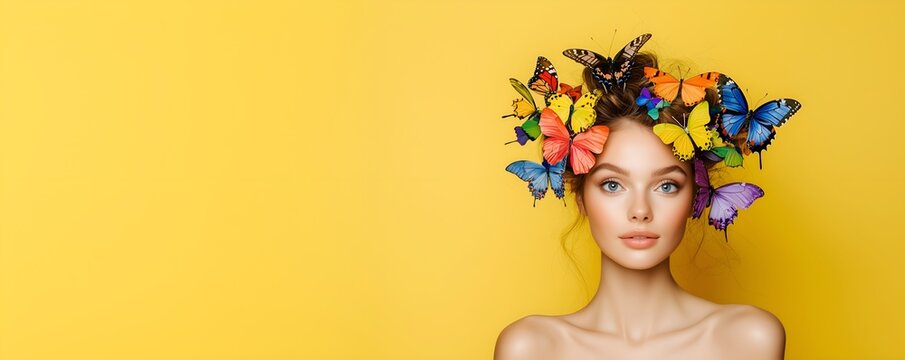 Close-up portrait of a young woman with colorful butterflies in her hair, isolated on yellow background