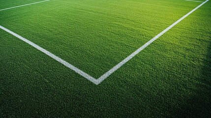 Obraz premium Close-up of a soccer field with vibrant green artificial grass and clearly defined white boundary lines for gameplay.