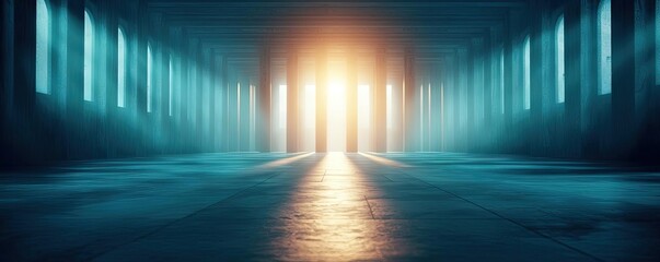 Illuminated hallway with dramatic lighting and shadows.