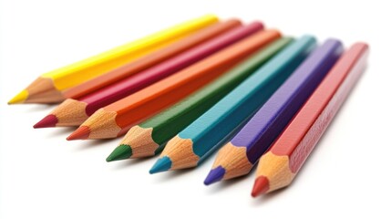 Fototapeta premium Colorful arrangement of vibrant pencils in various shades lined up neatly on a clean white background for back-to-school themes.