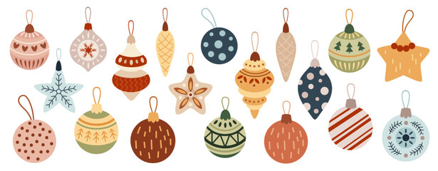 Retro Christmas Ornaments Clipart Set. Festive Objects, New Year Tree Toys. Cartoon Holiday Vector Illustrations.	