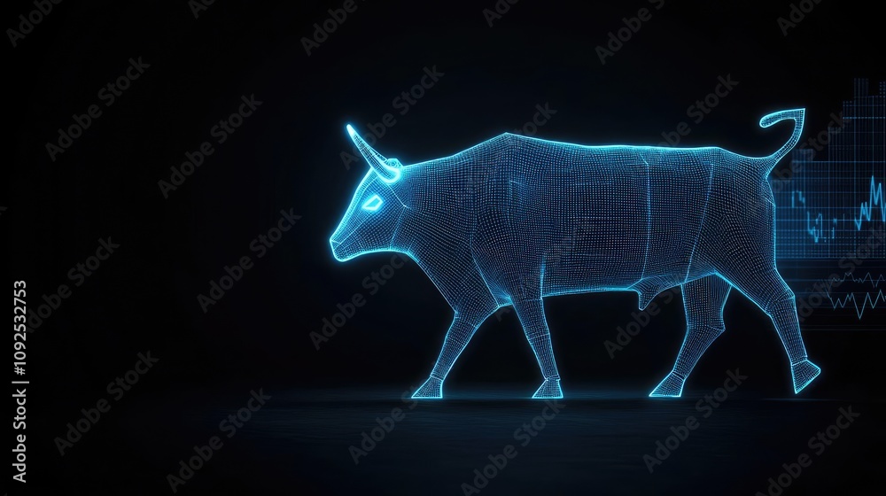 Poster Digital bull graphic with glowing lines and data visualization on a dark background.