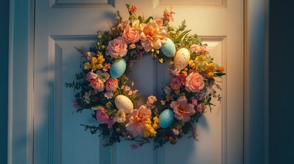 Naklejka premium Colorful floral Easter egg wreath adorned with pink and yellow flowers, featuring decorative eggs, hanging on a softly lit light-colored door.
