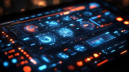 Obraz premium Futuristic Digital Interface with High-Tech Elements and Neon Colors Displaying Complex Data Metrics on a Touchscreen Device at Night