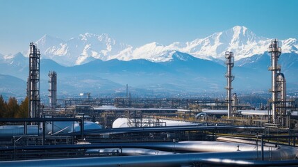 Obraz premium Industrial landscape with mountains in the background, showcasing energy production and nature.