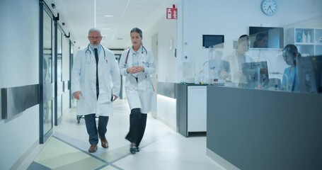 Busy Hallway with Registration Desk of the Modern Hospital Building, Diverse Female and Male Staff Members Walking, Working. Professional Nurses, Doctors and Personnel Hurry About Their Day