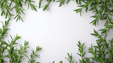 Fototapeta premium Fresh rosemary sprigs arranged in a decorative frame on a clean, light background, highlighting their vibrant green color and aromatic appeal.