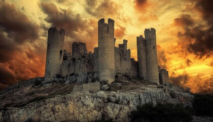 Fototapeta premium A dramatic sunset illuminates a medieval castle ruin on a rocky hill.