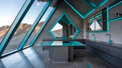 Fototapeta premium Contemporary Geometric Kitchen in Mountaintop Villa with Panoramic Mountain Views with Dramatic Slanted Ceiling and Angular Teal Metal Frames